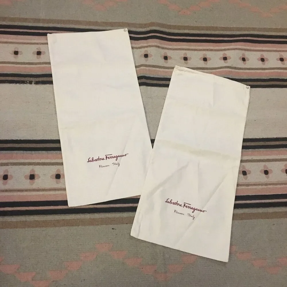 Two (2) Salvatore Ferragamo soft white w/ red drawstring Dustbag 17” x 8” new